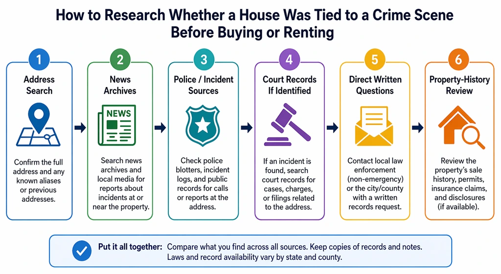 Diagram showing the step-by-step process for researching whether a house was tied to a crime scene before buying or renting.