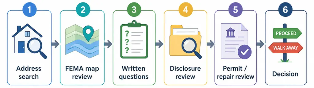 Diagram showing the step-by-step process for checking whether a house has flooded before buying or renting.