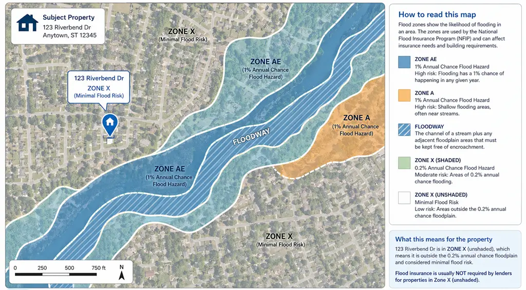 Example flood-zone map showing how buyers and renters can review flood risk for a property.