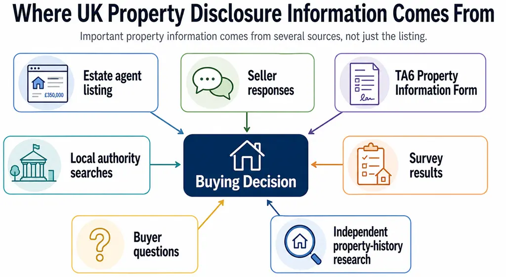 Diagram showing UK property disclosure sources including estate agent listings, seller forms, conveyancing searches, surveys, buyer questions, and independent property-history research.