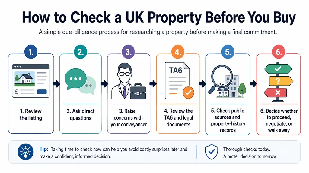 Flowchart showing steps for checking a UK property before buying, from reviewing the listing to asking direct questions, checking legal documents, researching the address, and deciding whether to proceed.