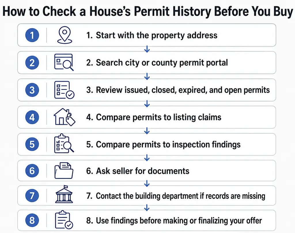 Flowchart showing how to check a house&rsquo;s permit history before buying.