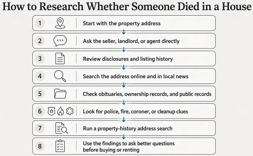 Flowchart showing how to research whether someone died in a house before buying or renting.