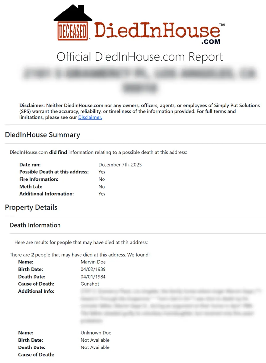 Sample property history report showing address-based research results.