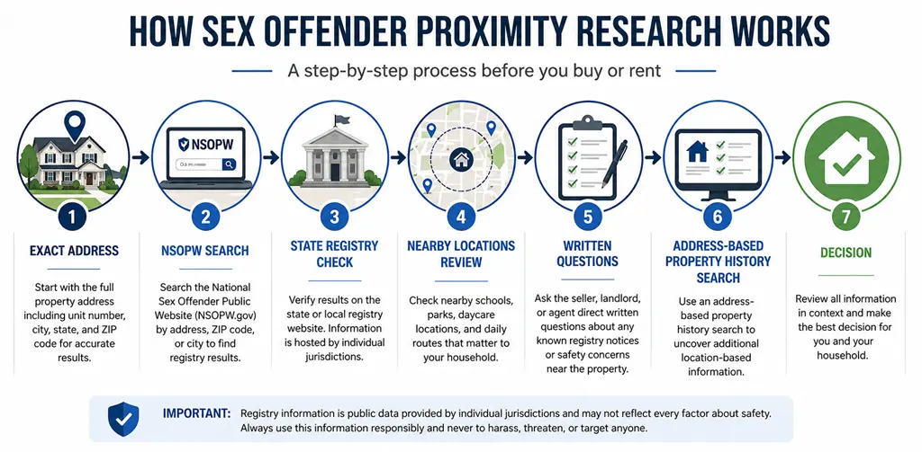 Diagram showing the steps to check for registered sex offenders near a house before buying or renting.